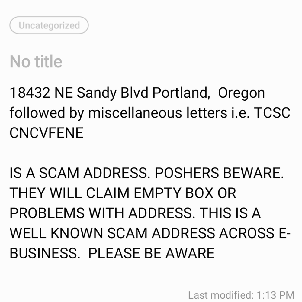 SCAM ADDRESS: 18432 NE SANDY BLVD PORTLAND,  OR